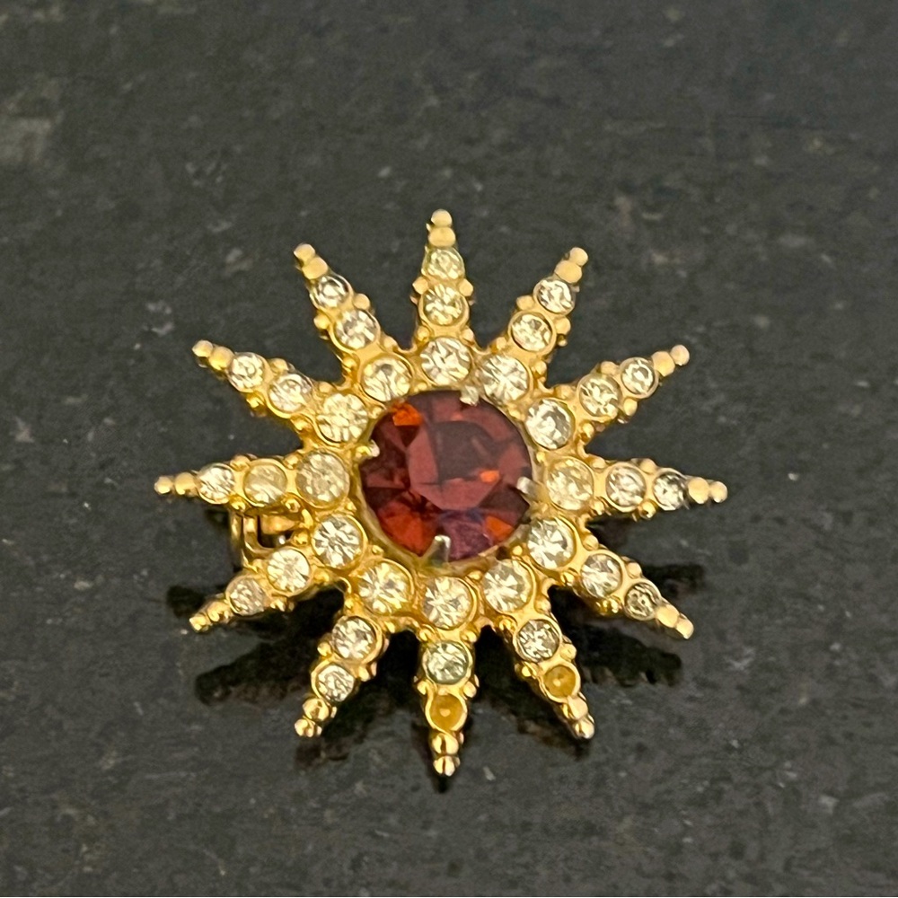 Coro Gold and Red Sunburst Brooch